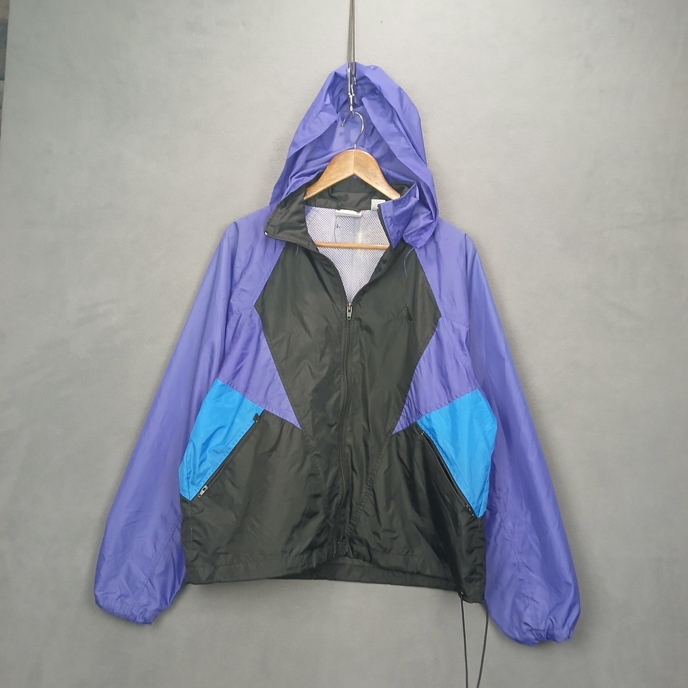 VTG Cascade Sport Windbreaker Jacket Mens Small Black Blue Colorblock Hooded